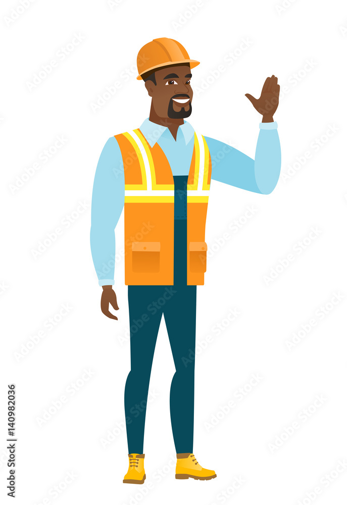 Young african-american builder waving his hand.