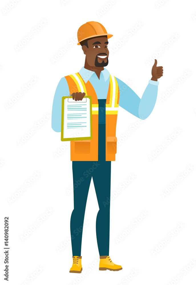 Builder with clipboard giving thumb up.