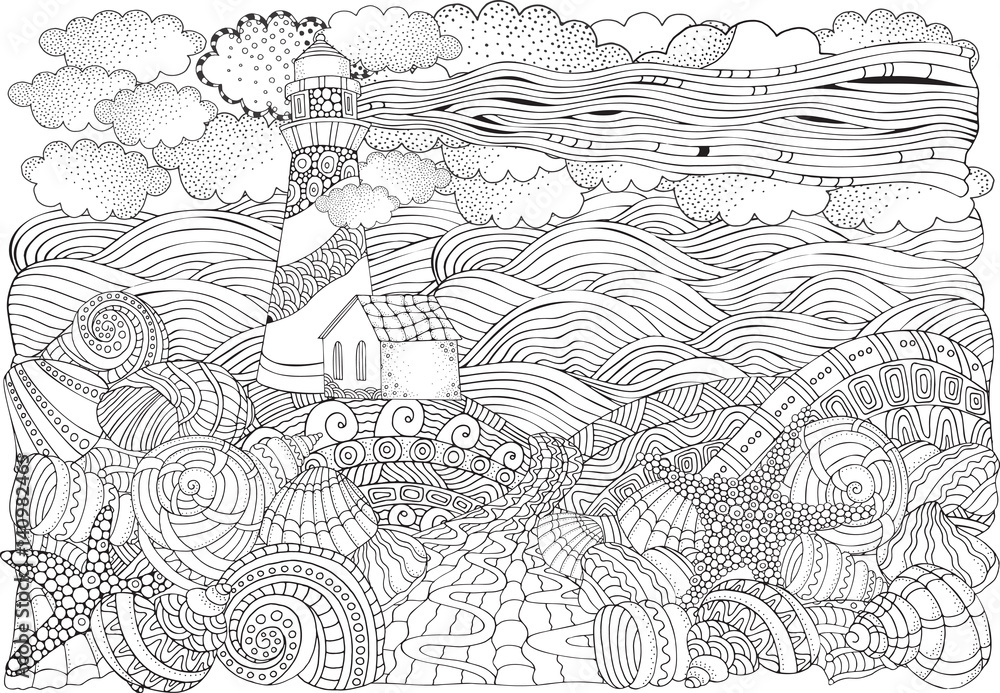 Fototapeta premium Lighthouse and shells, seascape.