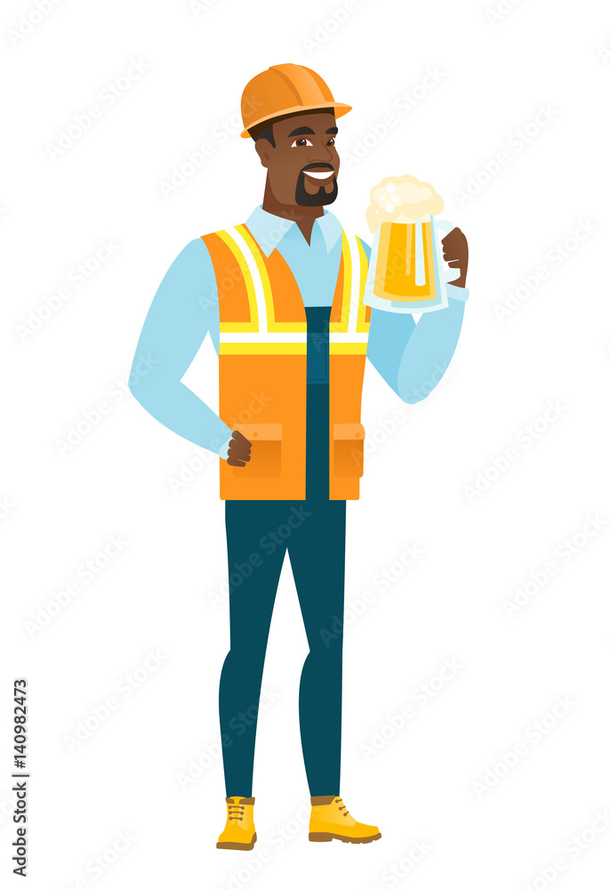 Young african-american builder drinking beer.