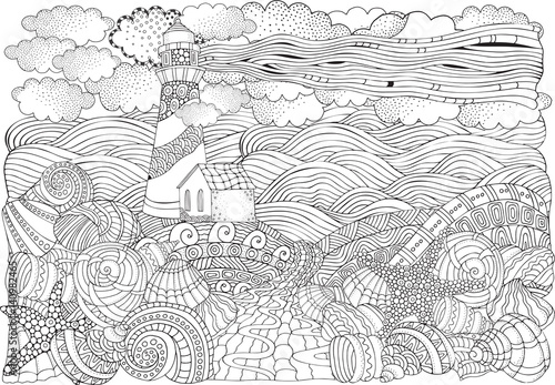 Lighthouse and shells, seascape.