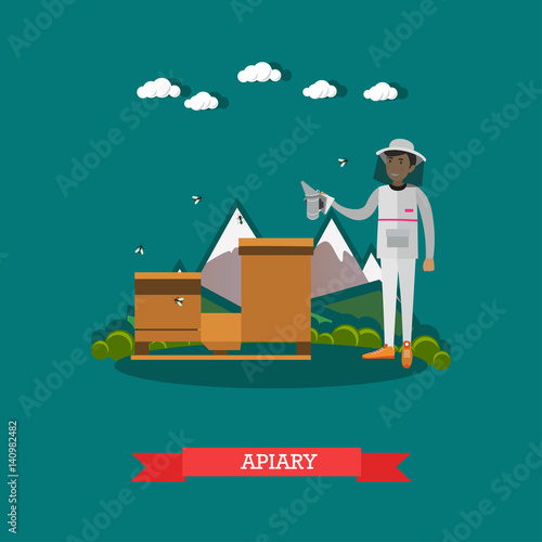 Vector flat illustration of apiarist working on apiary
