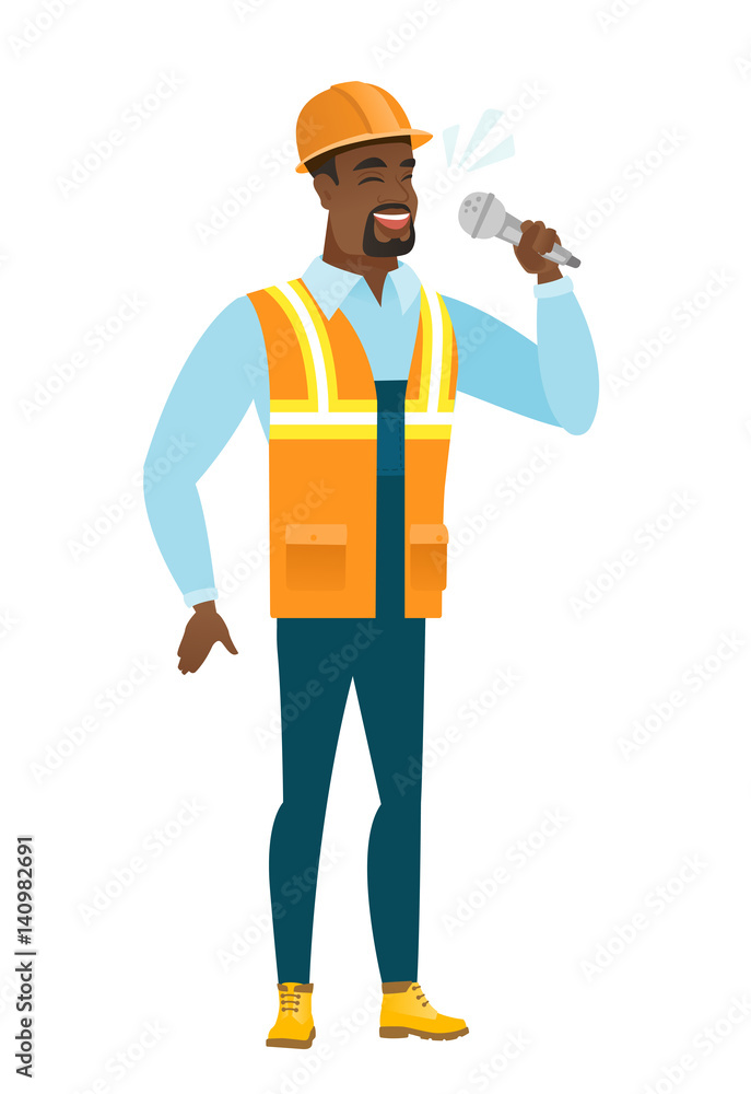 African-american builder singing to the microphone African-american builder singing to the microphone