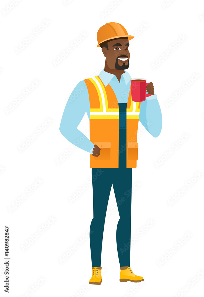 African-american builder holding cup of coffee.