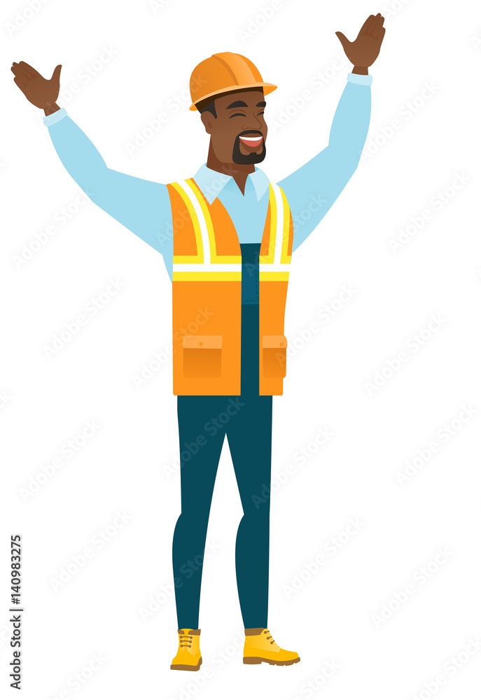 Constructor standing with raised arms up. Constructor standing with raised arms up.