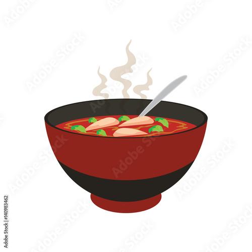 hot spicy soup with vegetable and meat in chinese bowl and spoons on white background, vector illustration
