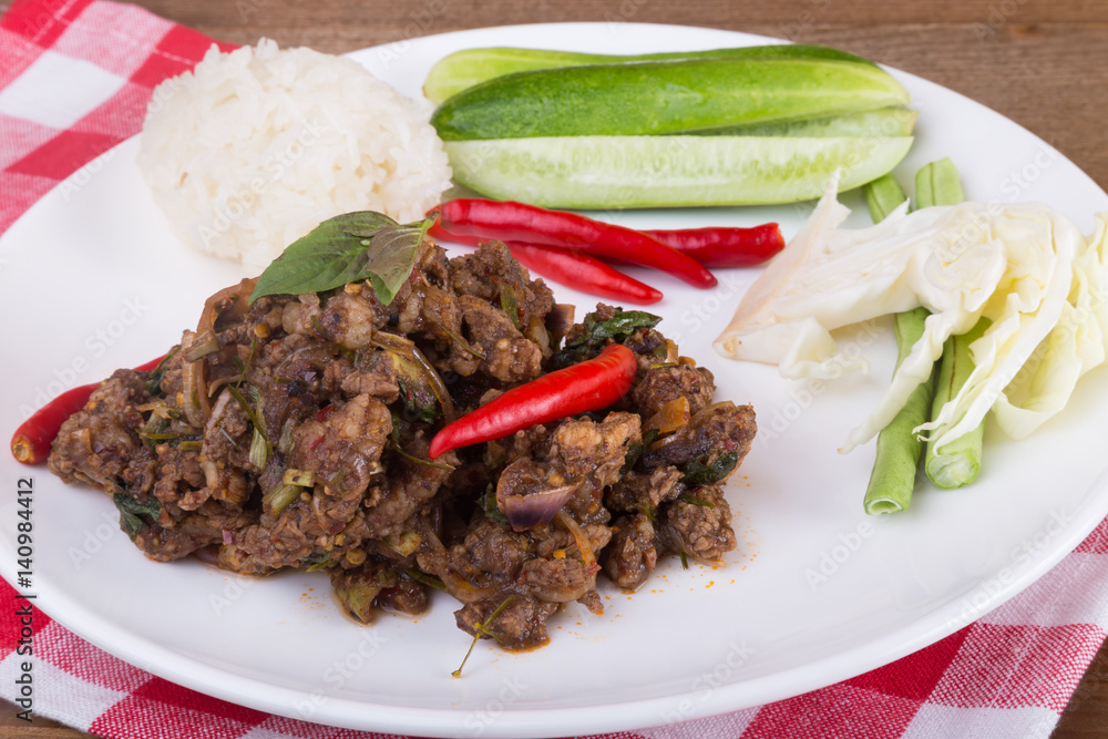 Spicy Thai minced beef salad with sticky rice Spicy Thai minced beef salad with sticky rice