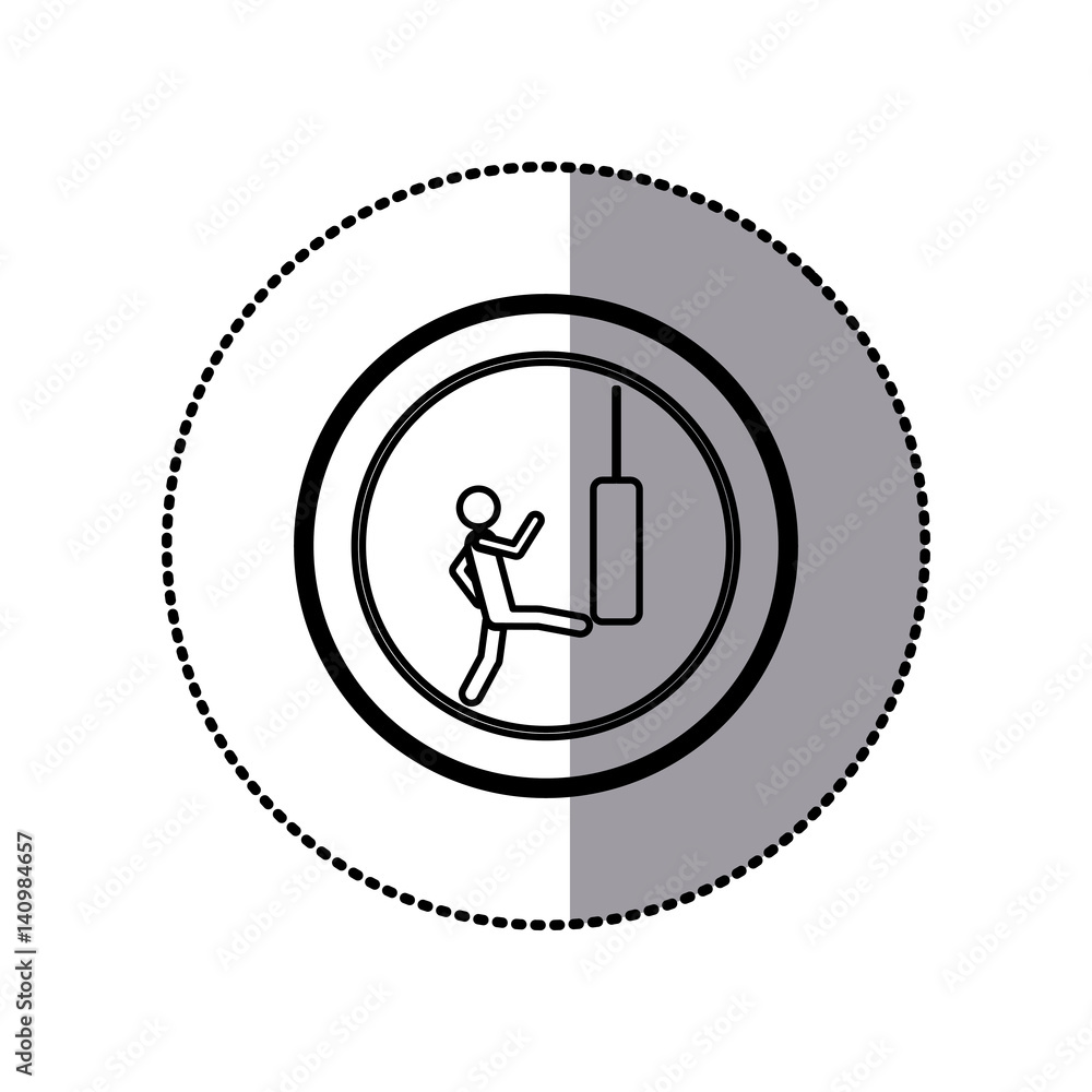 sticker of monochrome pictogram with man kicking a punching bag in circular frame vector illustration sticker of monochrome pictogram with man kicking a punching bag in circular frame vector illustration