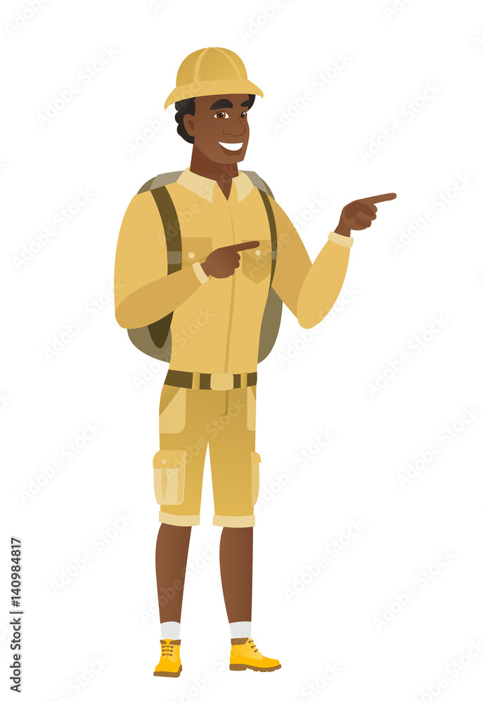 African-american traveler pointing to the side. African-american traveler pointing to the side.