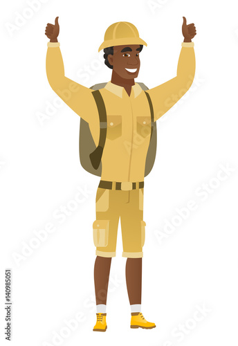 Traveler standing with raised arms up.
