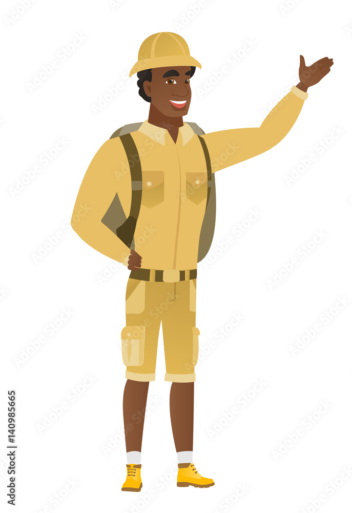 African-american traveler showing a direction. African-american traveler showing a direction.