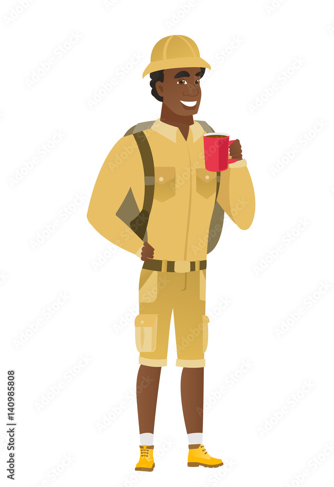 African-american traveler holding cup of coffee. African-american traveler holding cup of coffee.