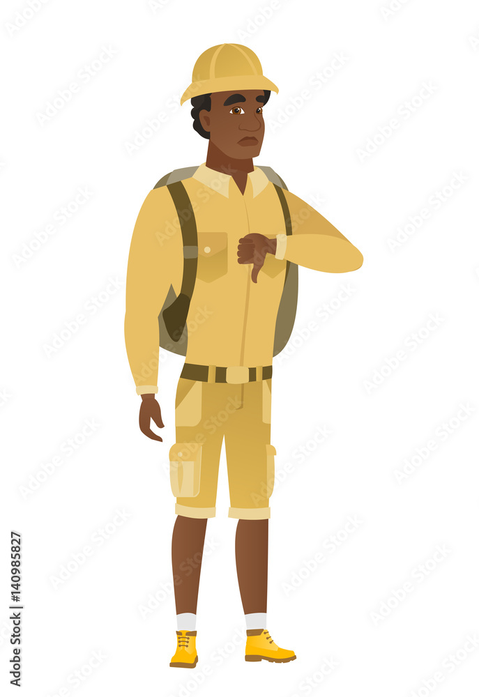 Disappointed african traveler with thumb down. Disappointed african traveler with thumb down.