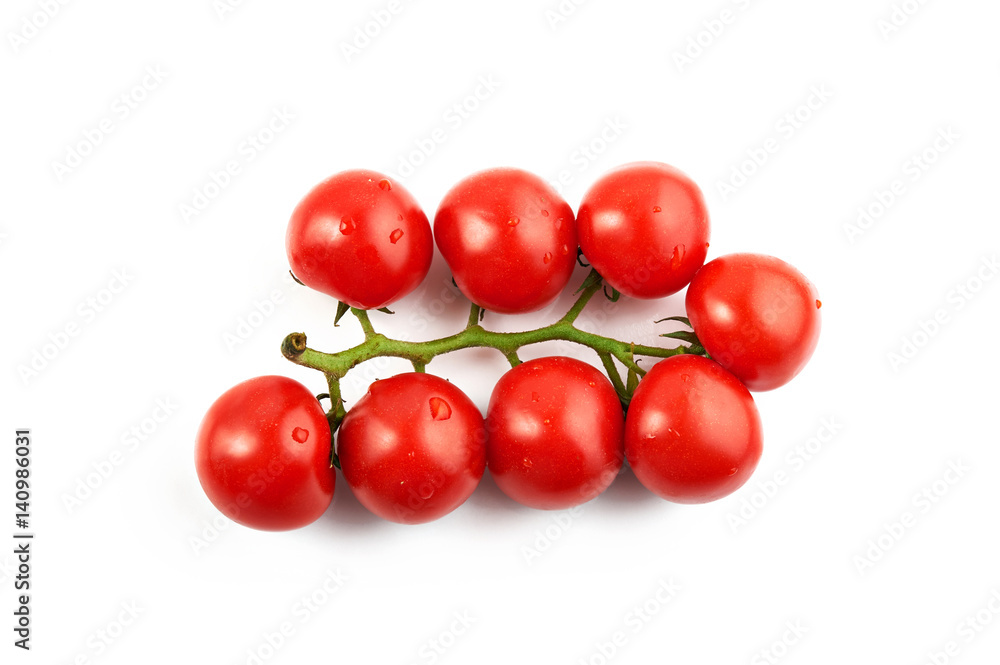 Bunch of fresh tomatoes with water drops. Top view isolated on white background. Bunch of fresh tomatoes with water drops. Top view isolated on white background.