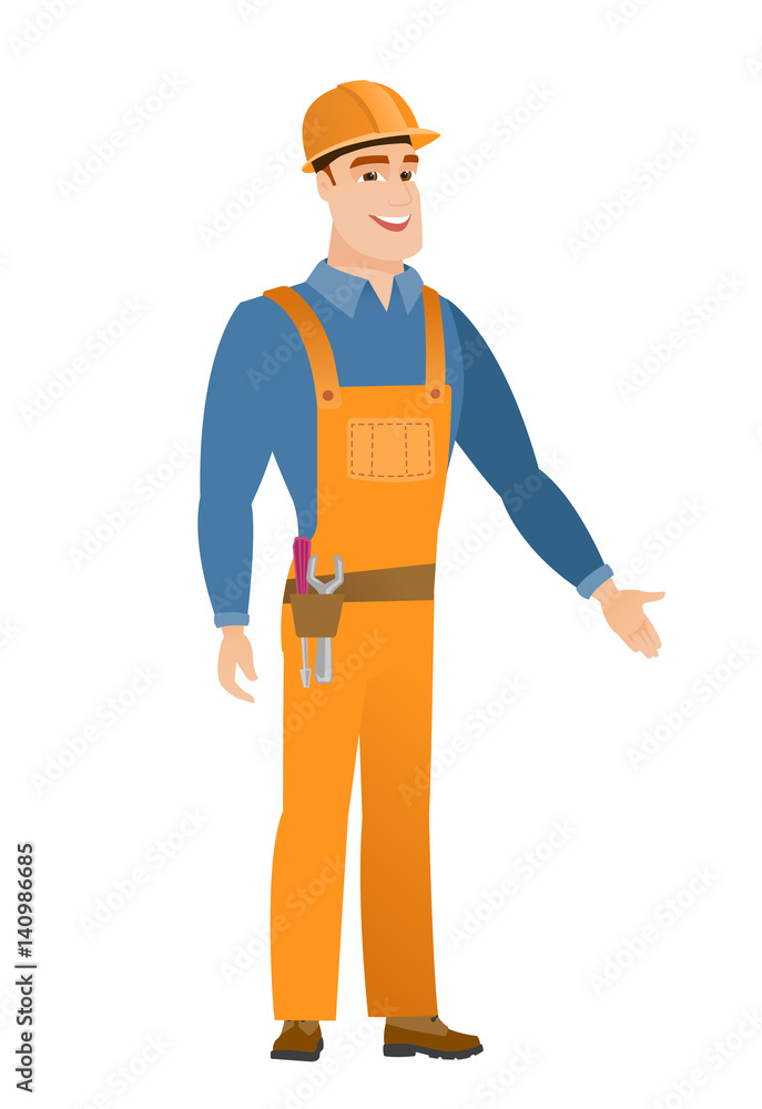 Builder with arm out in a welcoming gesture.