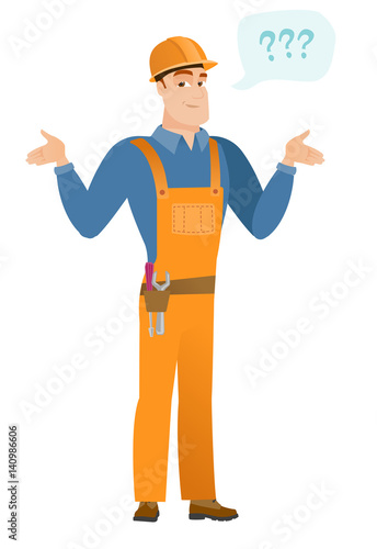 Caucasian confused builder with spread arms.