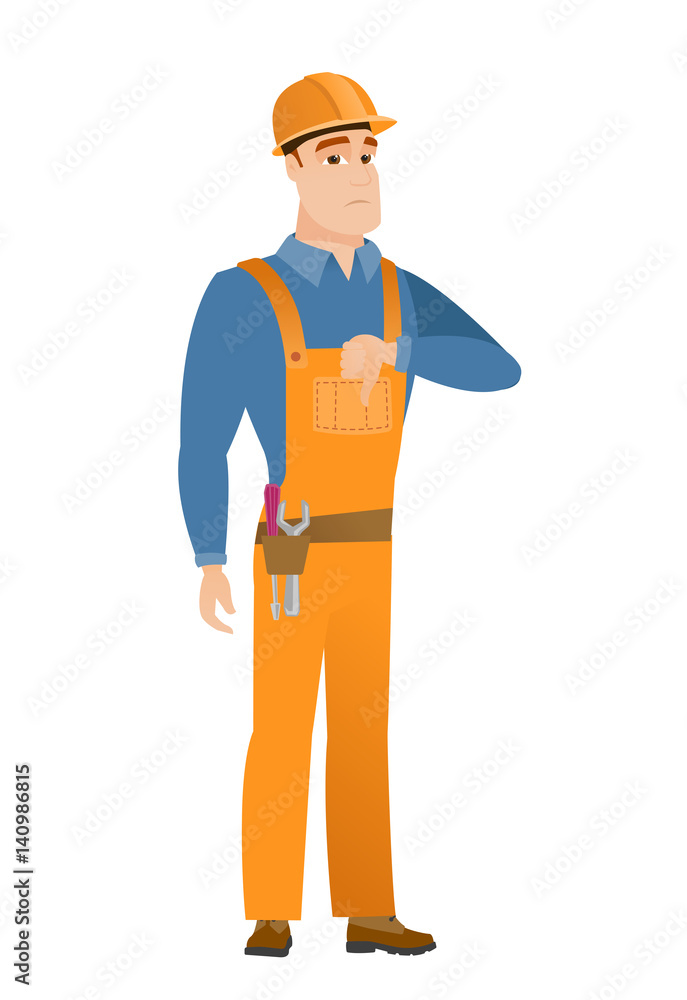 Disappointed caucasian builder with thumb down Disappointed caucasian builder with thumb down