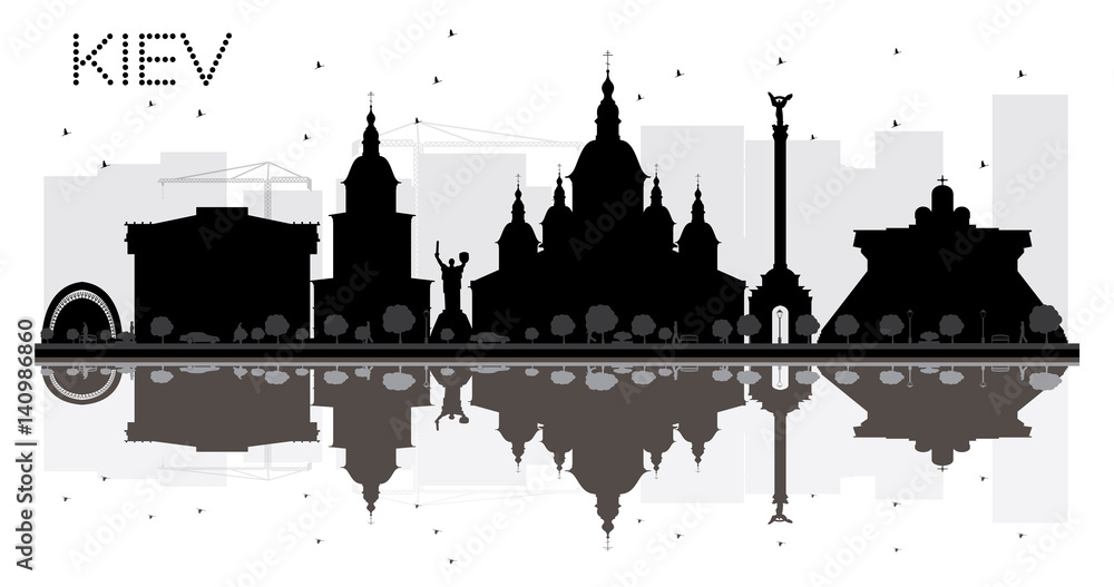 Kiev City skyline black and white silhouette with reflections. Kiev City skyline black and white silhouette with reflections.