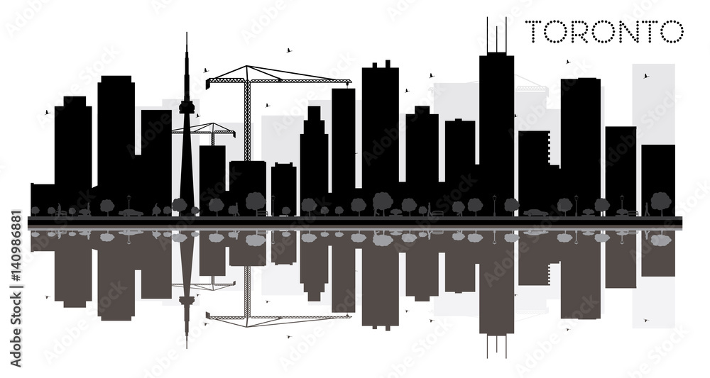 Toronto City skyline black and white silhouette with reflections.