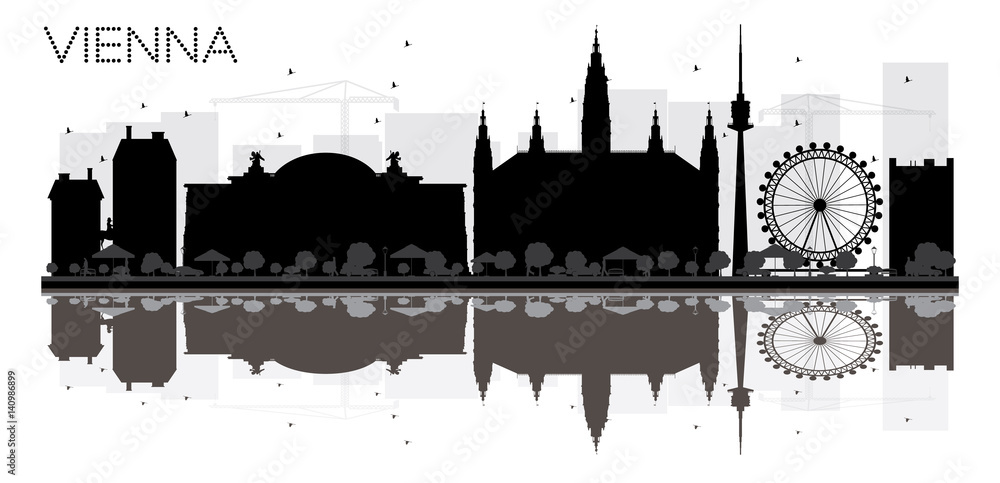 Vienna City skyline black and white silhouette with reflections.