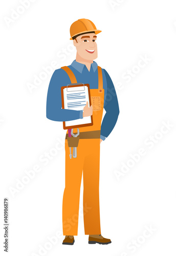 Builder holding clipboard with papers.