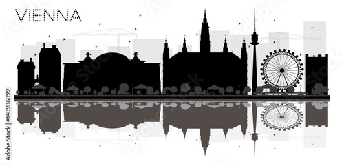 Vienna City skyline black and white silhouette with reflections.