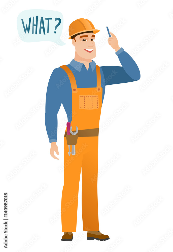 Builder with question what in speech bubble. Builder with question what in speech bubble.