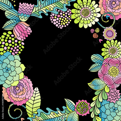 Floral frame, succulent, rose and leaves card vector, black background. Copy space