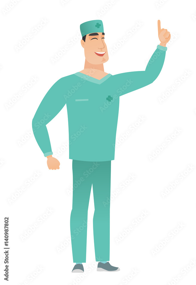 Caucasian doctor pointing with his forefinger Caucasian doctor pointing with his forefinger