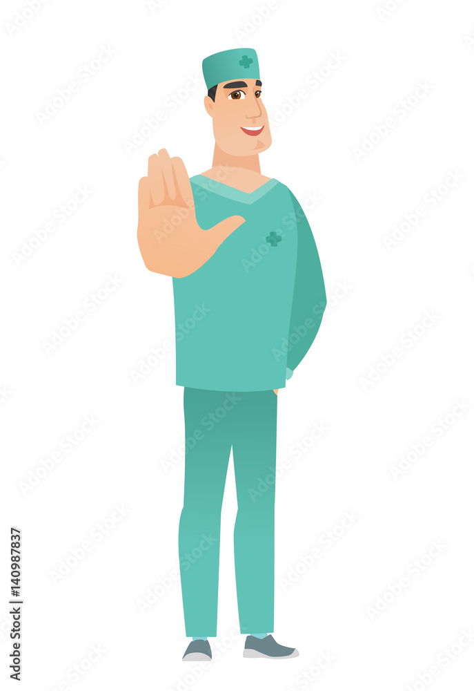 Caucasian doctor showing palm hand. Caucasian doctor showing palm hand.