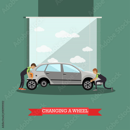 Wheel change, car repair service vector illustration in flat style