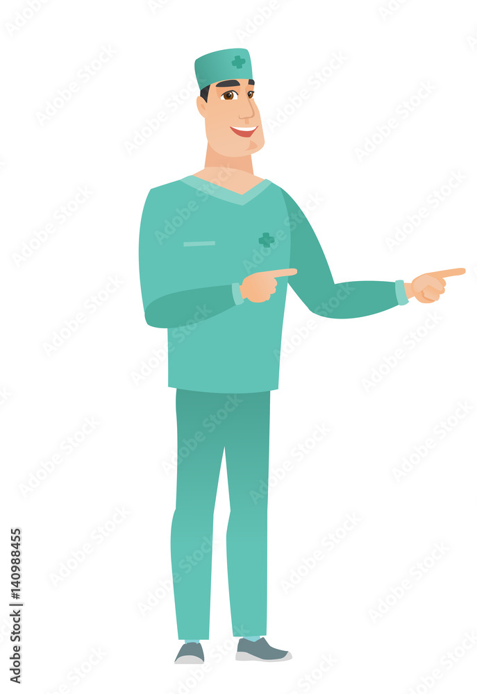 Young caucasian doctor pointing to the side. Young caucasian doctor pointing to the side.