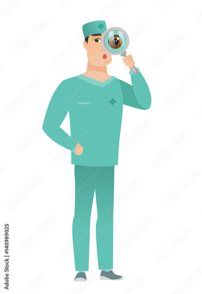 Caucasian doctor with magnifying glass. Caucasian doctor with magnifying glass.