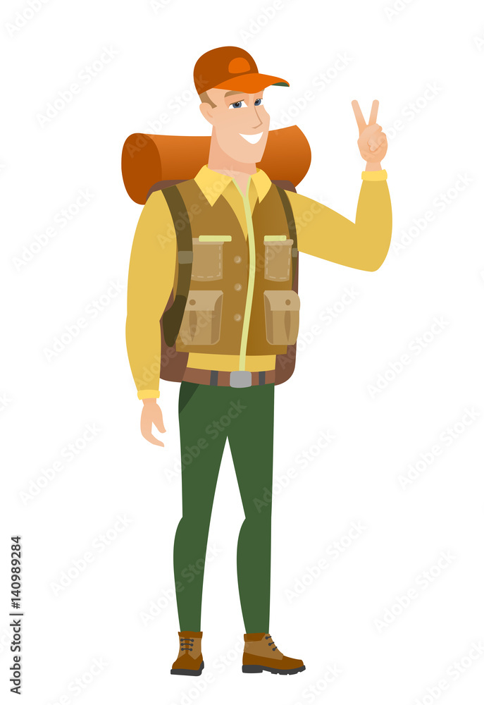 Caucasian traveler showing victory gesture. Caucasian traveler showing victory gesture.