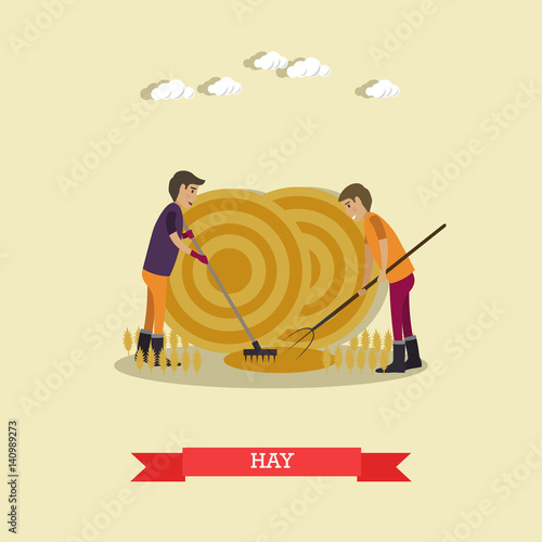 Vector flat illustration of farm workers gathering hay