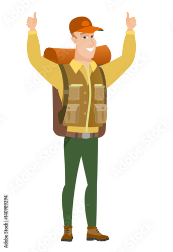 Traveler standing with raised arms up.