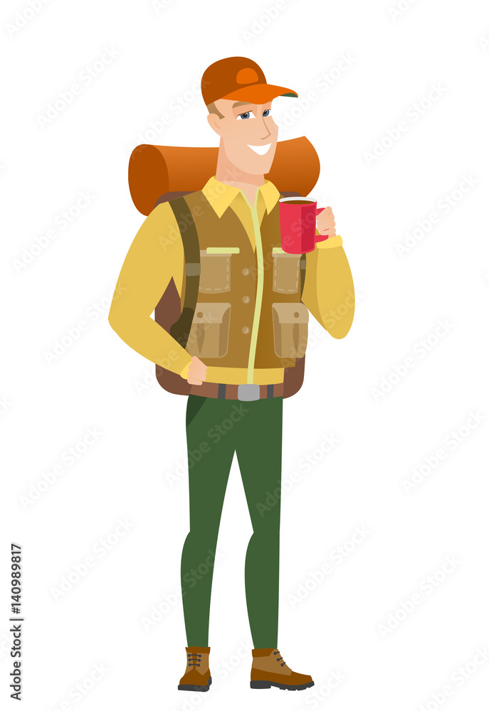 Caucasian traveler holding cup of coffee. Caucasian traveler holding cup of coffee.