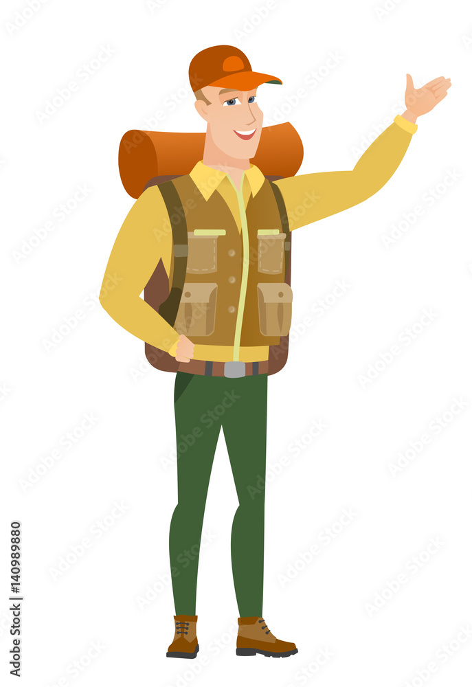 Caucasian traveler showing a direction. Caucasian traveler showing a direction.