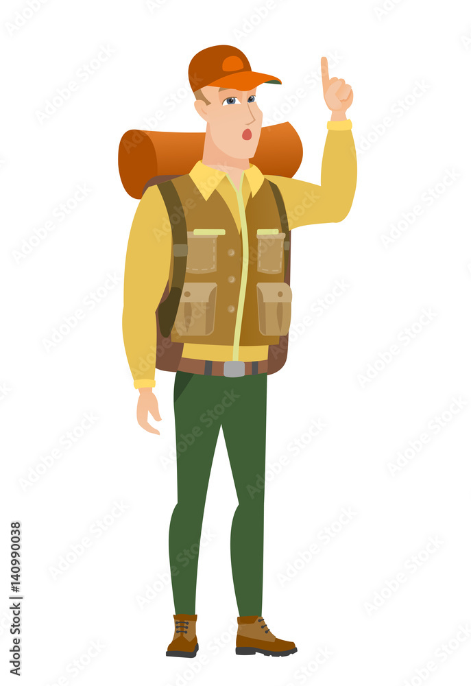 Traveler with open mouth pointing finger up. Traveler with open mouth pointing finger up.