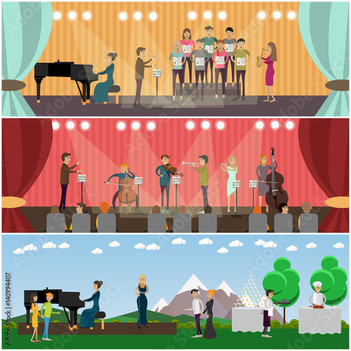 Vector set of orchestra concept flat style posters, banners