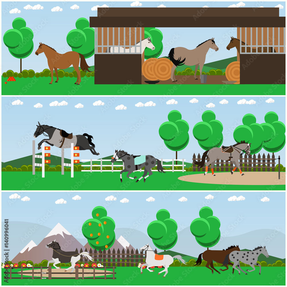 Vector set of horse riding interior flat posters, banners Vector set of horse riding interior flat posters, banners