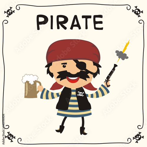 Angry pirate with beer mug in cartoon style. Isolated pirate in red bandana with bandage on eye.