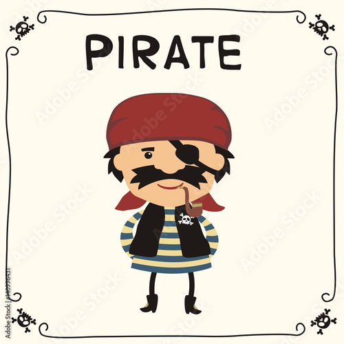 Angry pirate with smoking pipe in cartoon style. Isolated pirate in red bandana with bandage on eye.