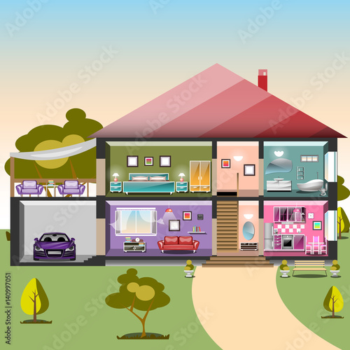 House in cut. Detailed modern interior inside house