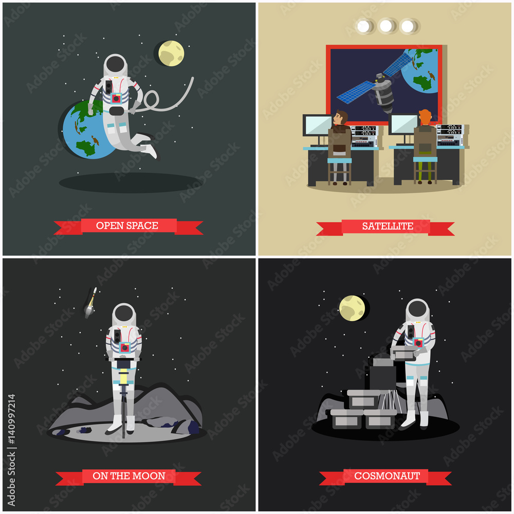 Fototapeta premium Vector set of space exploration posters, banners in flat style.