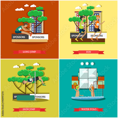 Vector set of light athletics and aquatics concept flat posters