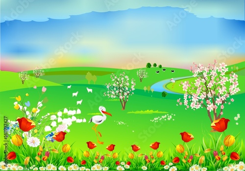 Wiosenny krajobraz z bocianami, © klatki