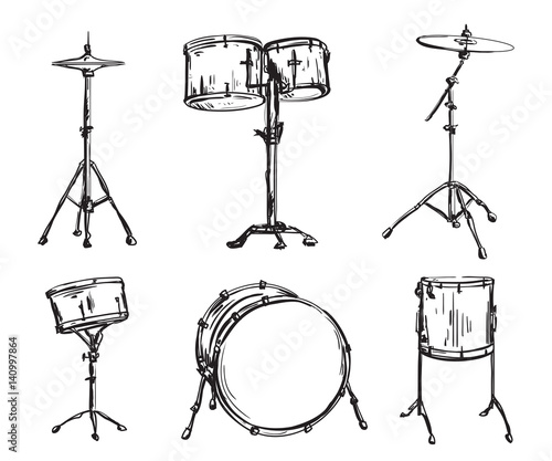 Drum kit in sketch style. Isolated elements. Hand drawn vector illustration