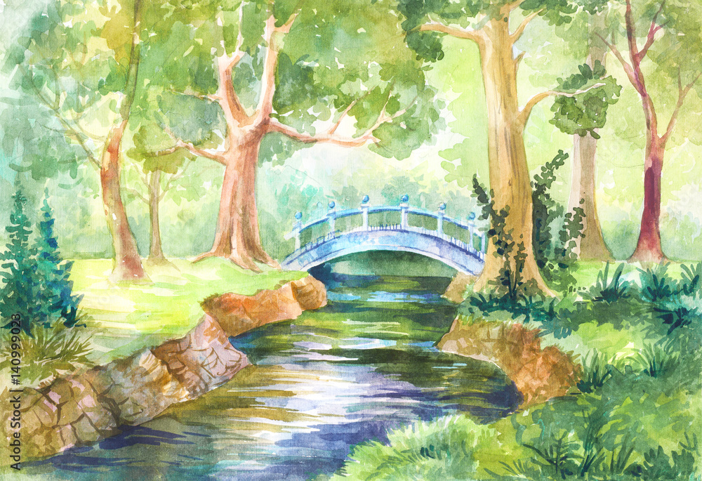 Obraz Akwarela krajobraz leśny. most przez rzekę. Spaceruj naturą. ilustracja do tła, tapety, papieru lub okładki. Podróż, podróż, odpoczynek, piknik w lesie.