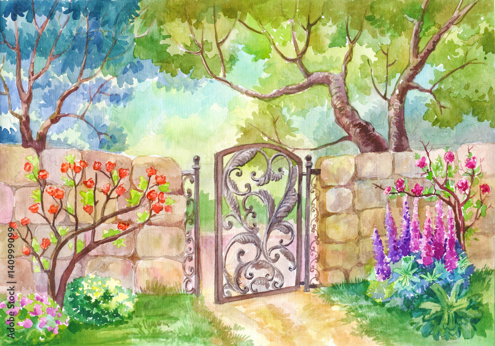 Obraz Akwarela krajobraz, brama do ogrodu. Słoneczny dzień, ogród z kwiatami, ogród kwiatowy. Drzewa owocowe. Malowanie, malowanie lub ilustracja, nadające się na plakat na okładkę,